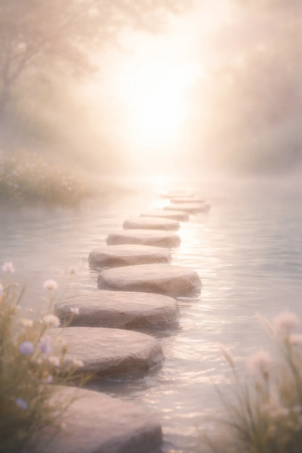 Soft stepping stones leading forward across still water towards calming light.